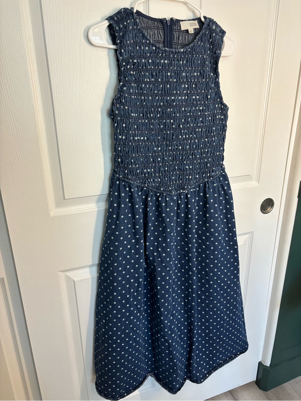 Sunday Edition Smocked Polka Dot Denim Look Midi Dress Large